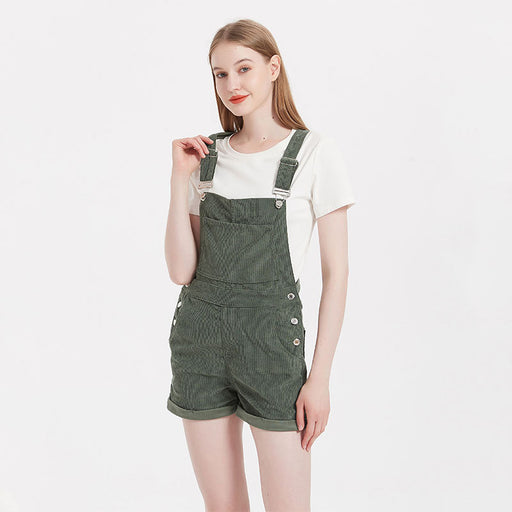 Color-Blackish Green-Denim Suspender Pants Women Spring Autumn Loose Shorts Suspender Casual Corduroy Shorts-Fancey Boutique