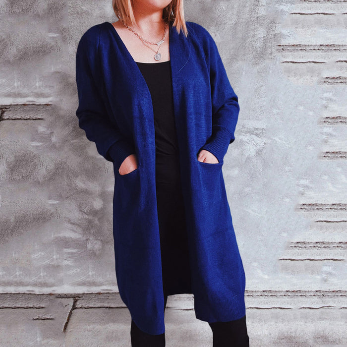 Color-Navy Blue-Office Loose Long Pocket Solid Color Raglan Sleeve Knitted Cardigan Sweater Coat-Fancey Boutique