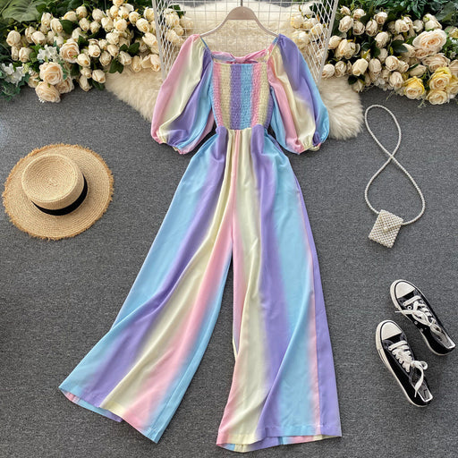 Vacation Jumpsuit Early Autumn Women Clothing Design Gradient Rainbow Sweet Puff Sleeve Waist Wide Leg Pants-Purple-Fancey Boutique