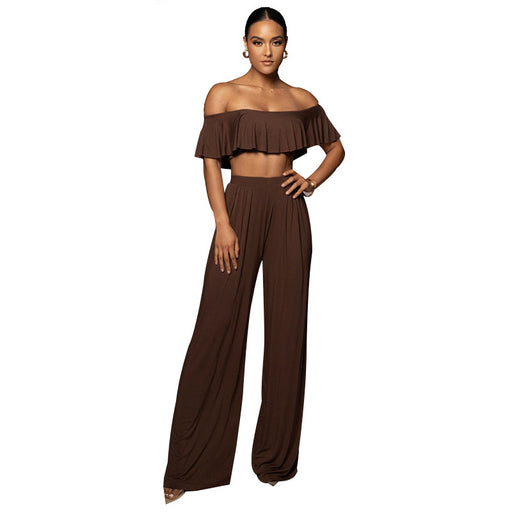 Color-Coffee-Sexy off-Neck Lotus Leaf Tube Top Cropped Top Women Clothing Casual Wide Leg Pants Suit-Fancey Boutique