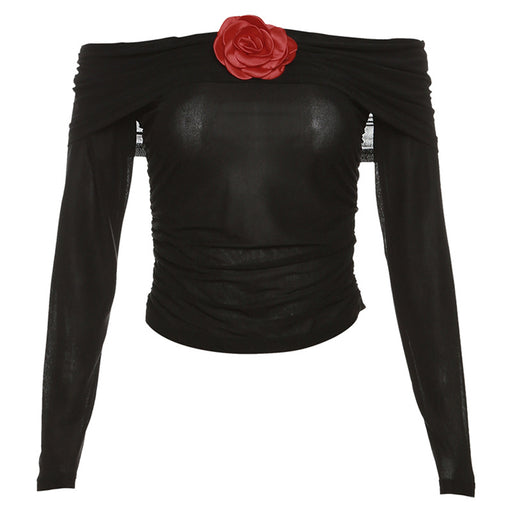 Color-Black-Autumn Winter Women Clothing Long Sleeve off Shoulder Floral Slim Knit Bottoming Shirt T shirt for Women-Fancey Boutique