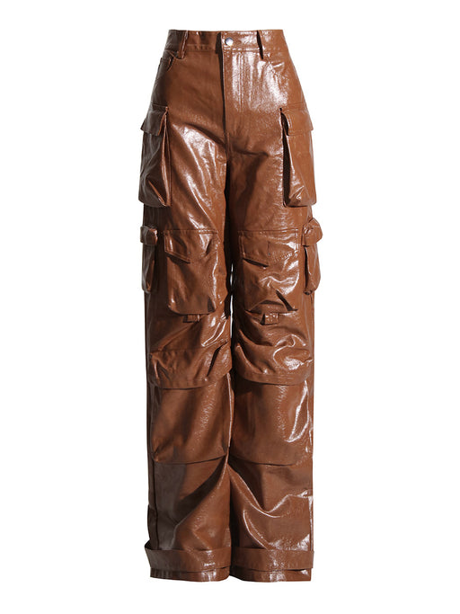 Color-Brown-Unique Design Trousers Autumn High Waist Large Pocket Faux Leather Straight Leg Pants Profile Women-Fancey Boutique