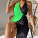 Women Clothing Color Contrast Patchwork Sexy Halter Tied Dress Irregular Asymmetric One Piece Blouse-Green-Fancey Boutique