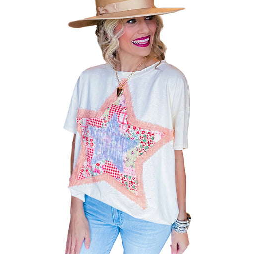 Summer Loose Round Neck Short Sleeve T Shirt Women Shape Patch Three Quarter Sleeve Top-White-Fancey Boutique