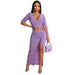 Color-Purple-Pleating V-neck T-shirt High Slit Drawstring Skirt Two-Piece Suit-Fancey Boutique