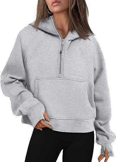 Color-Light Gray-Women Clothing Half Zipper Hooded Sweatshirt Loose Short Velvet Sweater-Fancey Boutique