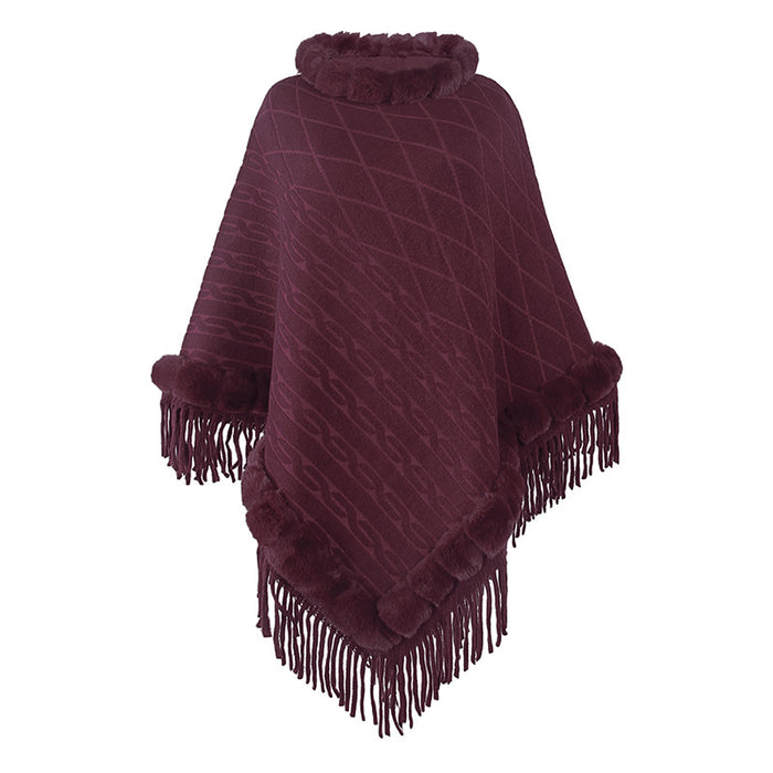 Color-Burgundy-Women Clothing Autumn Winter Fur Collar Solid Color Knitted Cape Shawl-Fancey Boutique