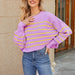 Color-Purple Striped Pullover-Women Clothing Autumn Winter Loose Cropped Pullover Sweater Long Sleeve round Neck Sweater-Fancey Boutique