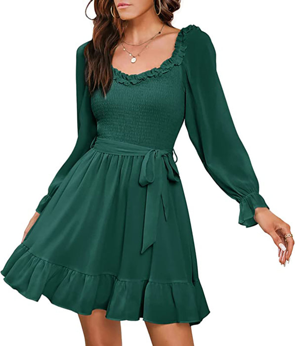 Color-blackish green-Early Spring Chiffon Dress Women Ruffled V neck Fitted Waist Sweet A line Dress-Fancey Boutique