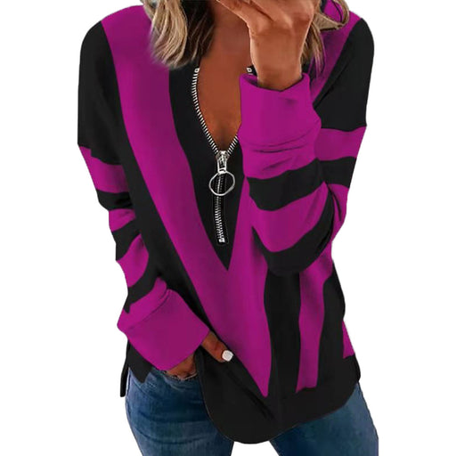 Color-Purple-Autumn Winter Printed Long Sleeve V neck Zipper Casual Loose Sweater Women-Fancey Boutique