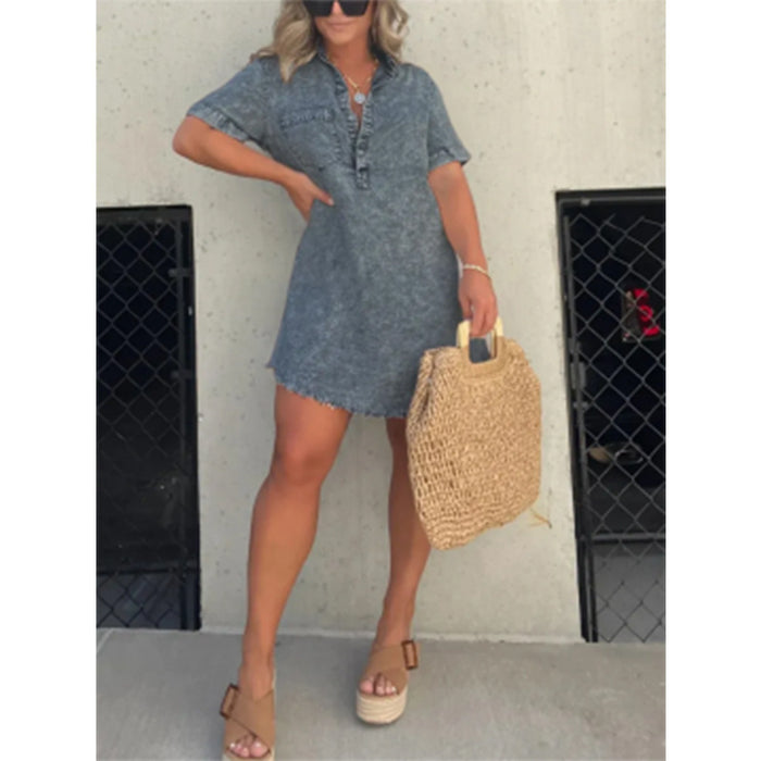 Color-Dark Grey-Summer Shirt Collar Denim Tassel Hem Dress Short Dress-Fancey Boutique