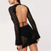 Crocheted Hollow Out Cutout out Long Sleeved Dress Lace up Seaside See through Tight Lace Backless Sexy Short Dress-Fancey Boutique