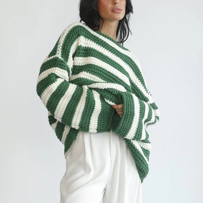 Color-Green-Autumn Winter Coat Loose off Shoulder Striped Long Sleeved Knitted Pullover Casual Sweater for Women-Fancey Boutique