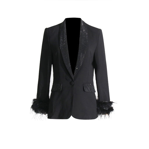 Color-Black-Autumn Fashionable Blazer Women Classic Stitching Ostrich Feather Light Diamond Decorative Blazer-Fancey Boutique