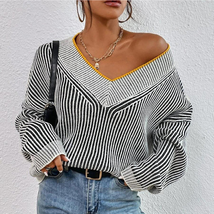 Autumn Winter V Neck Loose Slimming Batwing Sleeves Sweater Striped Contrast Color Pullover Sweater Top-Multi-Fancey Boutique