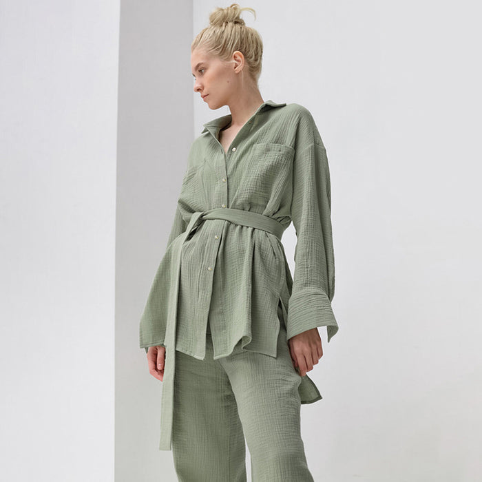 Color-Green-Autumn Double Layer Crepe Pajamas Women Lace up Shirt Pajama Pants Two Piece Solid Color Loose Home Wear Can Be Worn outside-Fancey Boutique