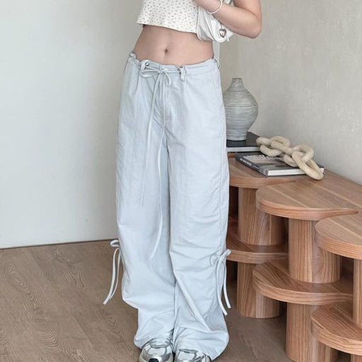 Sweet Bow Tie Women Casual Pants Everyday Joker Office Low Waist Loose Woven Pants-Gray-Fancey Boutique