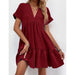 Color-Jujube Red-Women Solid Color Loose Waist Midi Dress V neck Dress for Women-Fancey Boutique