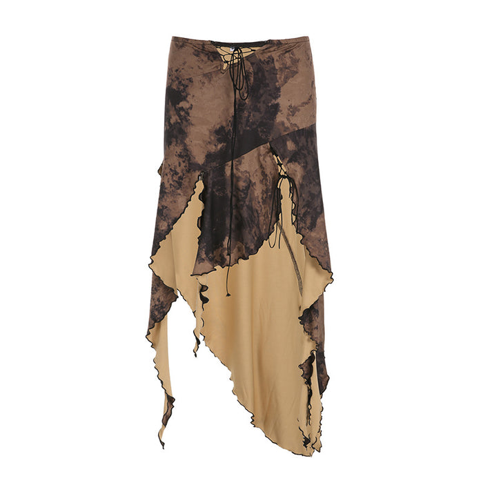 Color-Brown-Vacation Irregular Asymmetric Ruffled Slit Skirt Waist Trimming Lace Up Mid Length Niche Sexy Skirt-Fancey Boutique