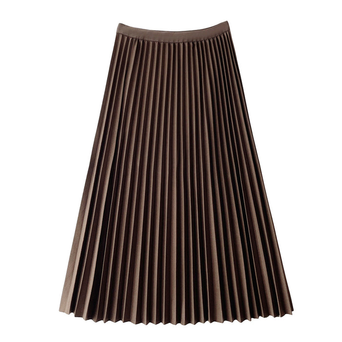 Color-Coffee-Woolen Pleats A Line Skirt Women Autumn Winter Drooping Slimming Mid Length Woolen Skirt Retro Folding Fan Skirt-Fancey Boutique