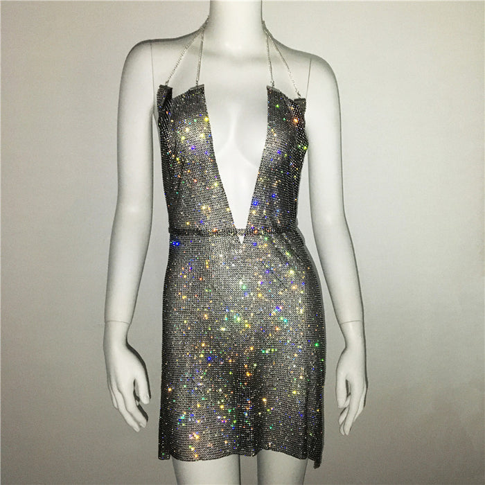 Women Clothing Popular Metal Rhinestone Dress Sexy Party Nightclub Halter Dress Women-Black-Fancey Boutique