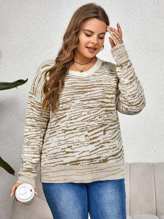Color-Ivory-Plus Size Autumn Winter round Neck Striped Thick Pullover Sweater-Fancey Boutique