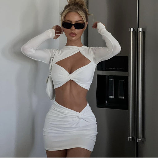 Color-White-Sexy Kink Long-Sleeve Suit Sexy Wind Deep V Plunge Plunge Cropped Outfit Tight Sheath Short Dress Women Clothing-Fancey Boutique