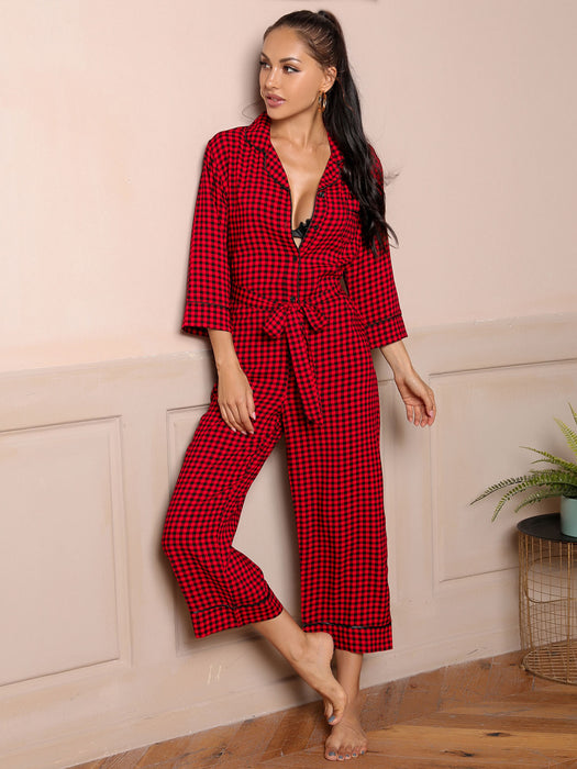 Color-Red-Spring Summer Pajamas Three Quarter Length Sleeves Cardigan V neck Simplicity Red Plaid Jumpsuit Home Wear-Fancey Boutique