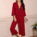 Color-Red-Spring Summer Pajamas Three Quarter Length Sleeves Cardigan V neck Simplicity Red Plaid Jumpsuit Home Wear-Fancey Boutique