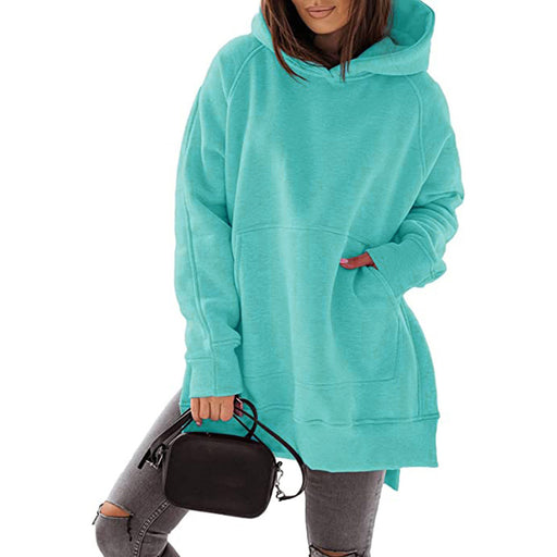 Color-skyblue-Women Clothing Long Sleeve Round Neck Fleece Lined Solid Color Pocket Loose Fitting Hoodie Long Sleeve-Fancey Boutique
