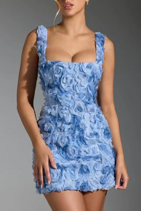 Sweet Cute Three Dimensional Floral Strap Dress-skyblue-Fancey Boutique