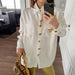 Color-White-Retro Cardigan Women Top Spring Striped Metal Buckle Collared Loose Thin Shirt-Fancey Boutique