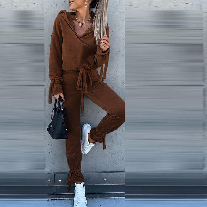 Color-Brown-Autumn Winter Women Clothing Loose Pleuche Long Sleeve Hooded Sweater Trousers Set-Fancey Boutique