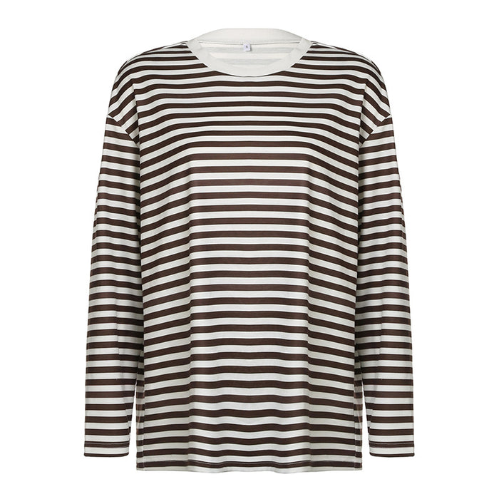 Street Retro Contrast Color Striped Basic Loose T Shirt Autumn Sexy Thin Round Neck Long Sleeve-Brown-Fancey Boutique