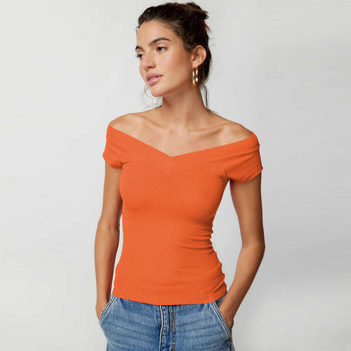Color-Orange-Solid Color T Shirt Women Skinny V Neck Knitwear Women Clothing Sexy Sexy Bm Top Two Way Wear-Fancey Boutique