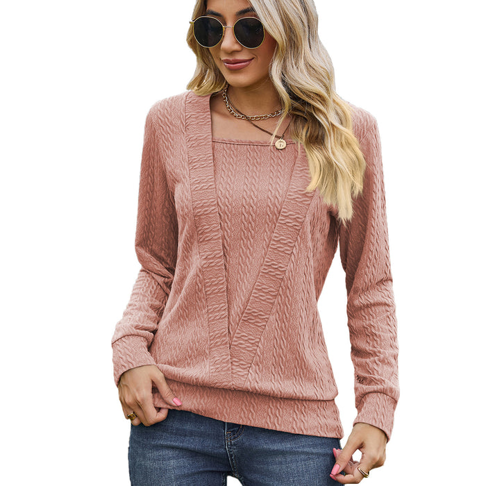 Color-Pink-Autumn Winter Solid Color Square Collar Cross Loose Long Sleeved T shirt Top Women-Fancey Boutique