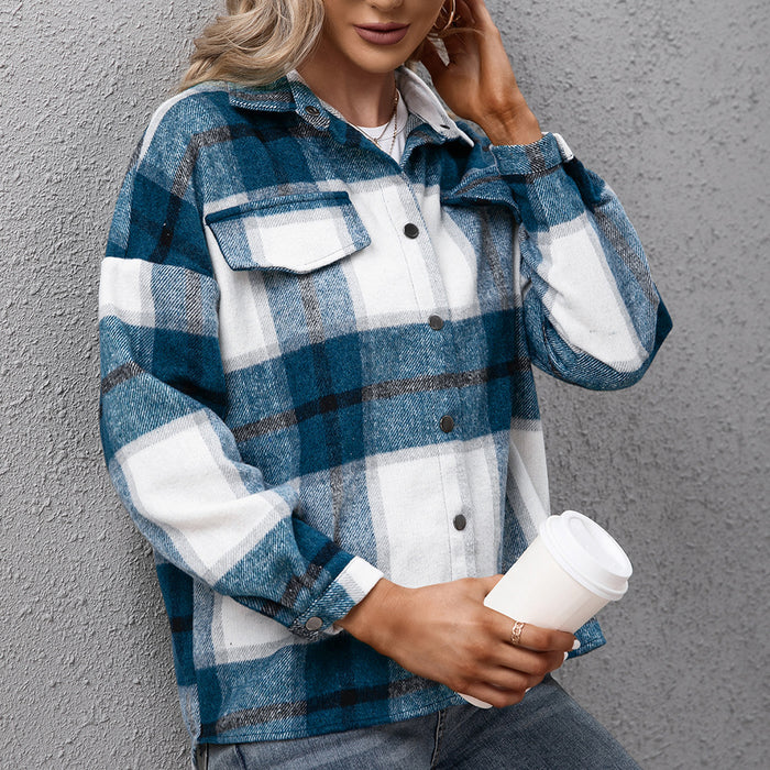 Color-Navy Blue-Thickened Cashmere Long-Sleeved Plaid Jacket Loose Casual shacket Jacket Plush Plaid Jacket Coat for Women-Fancey Boutique