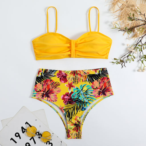 Color-Yellow-Swimsuit Women Split Bikini Retro Sexy Solid Color Printing Bikini Wear-Fancey Boutique