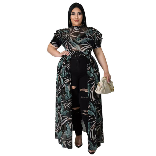 Color-Turquoise-plus Size Women Nightclub Uniforms Oversleeves Mesh Hollow Out Cutout Dress Top-Fancey Boutique