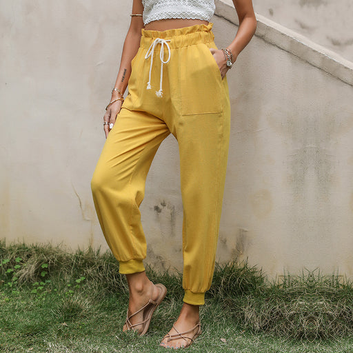 Color-Yellow-Summer Solid Color Cotton Linen Drawstring Ankle-Tied Harem Pants Baggy Pants for Children-Fancey Boutique
