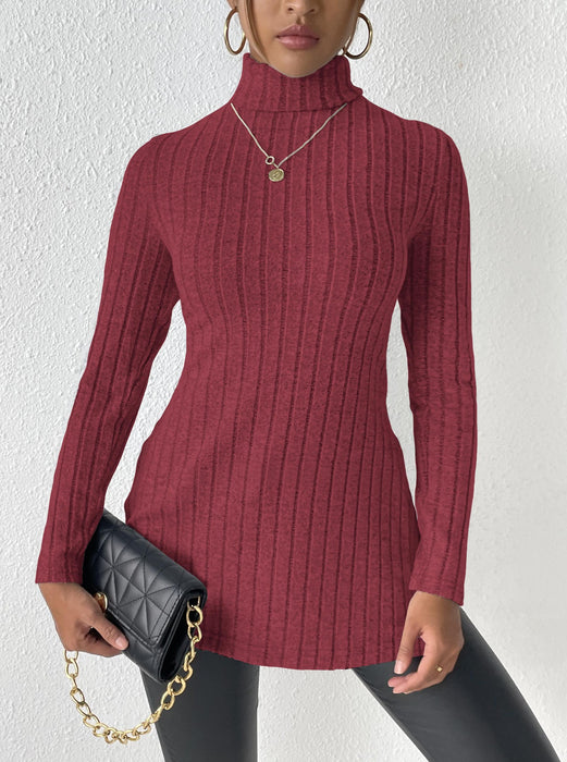 Color-Jujube Red-Women Turtleneck Pullover Women Clothing Autumn Winter Slit Slim Fitting Bottoming Shirt Pit Striped Mid Length-Fancey Boutique