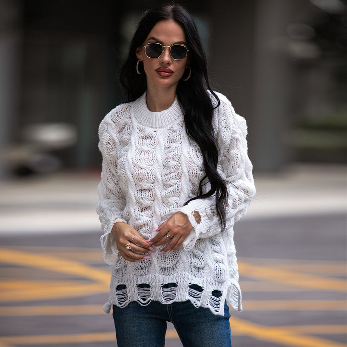 Color-White-Large Hemp Floral Hollow Out Cutout Out Ripped Loose Fitting Casual Round Neck Long Sleeved Knitted Sweater Pullover Women-Fancey Boutique