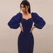 Color-Blue-Women Clothing Square Collar Puff Sleeve Skinny Slimming Sheath Dress-Fancey Boutique