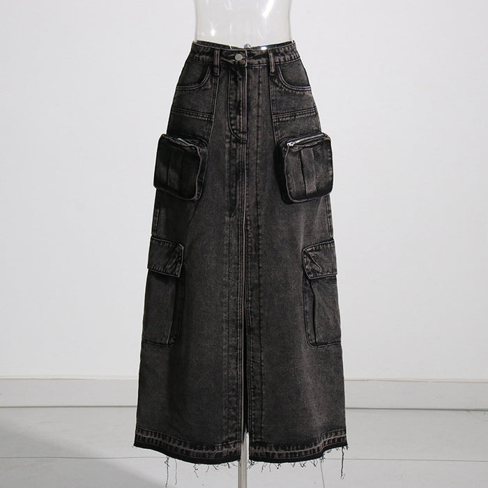 Color-Dark Grey-Brand Workwear Bag Skirt High Waist Front Slit Design Denim Solid Color Women Skirt-Fancey Boutique