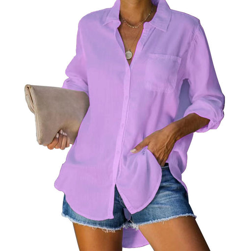 Color-Lavender-Women Shirt Solid Color Casual Loose Breasted Shirt Women Clothing-Fancey Boutique