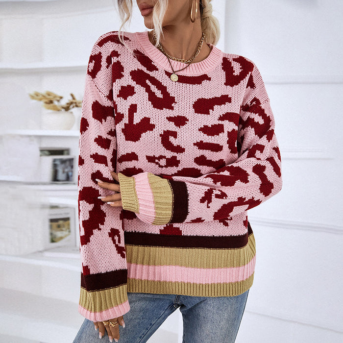 Color-Pink-Autumn Winter Round Neck Pullover Sweater Leopard Jacquard Sweater Women-Fancey Boutique