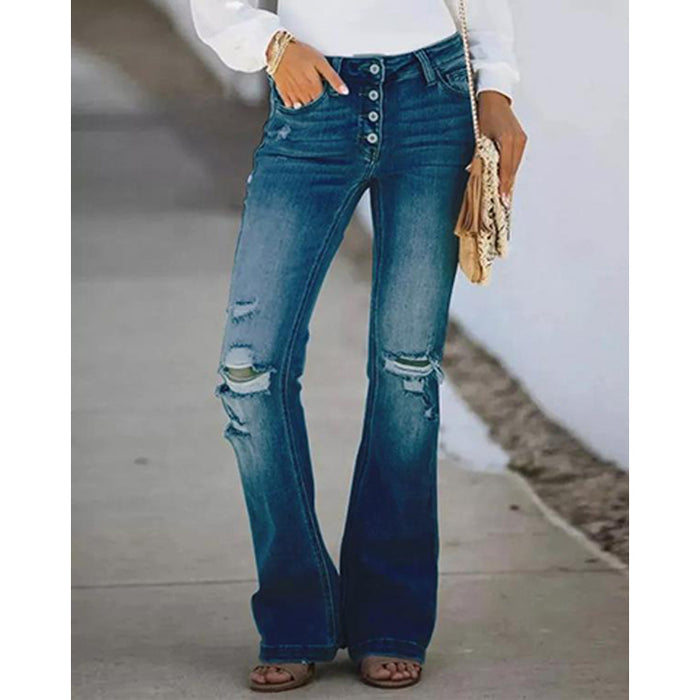 Color-Dark Blue Worn-Spring Summer Retro Slimming Multi Button High Waist Micro Pull Washed Women Jeans-Fancey Boutique