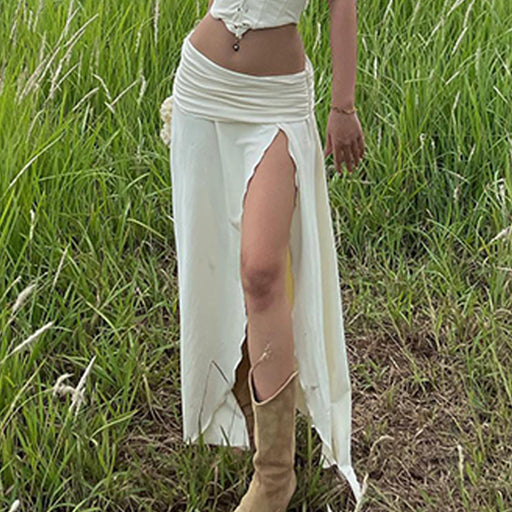 Color-White Skirt-Summer Sexy Cropped Wrapped Chest Lace Up Vest Pleated Low Waist Slit Skirt Set-Fancey Boutique