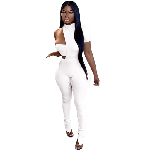 Color-White-Women Clothing Asymmetric Sunken Stripe Chest Wrap Cotton-Padded Clothes Slit Pants Three-Piece Suit-Fancey Boutique