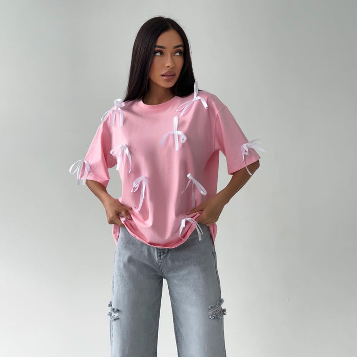 Spring Summer Short Contrast Color Bow Design Loose Lazy Casual Short Sleeve T Shirt Women-Pink-Fancey Boutique